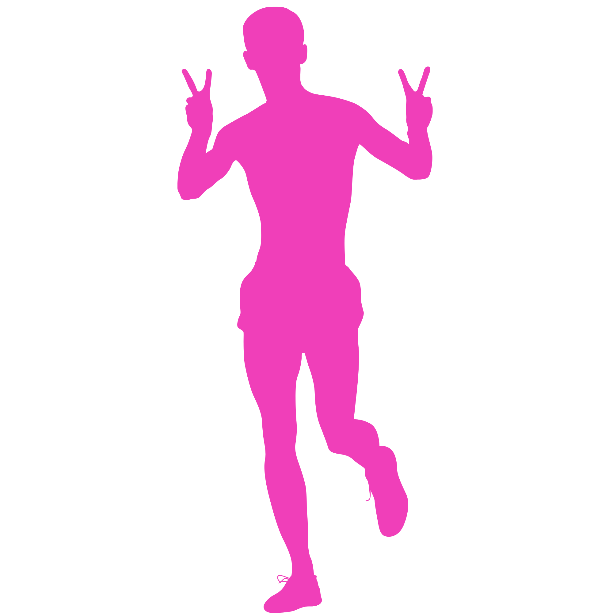 Pink cartoon runner giving peace sign with hands. 